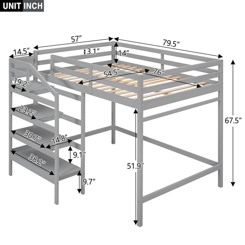 Harper & Bright Designs Full Loft Bed with Staircase and Storage Wardrobe, Wooden Full Size Loft Bed Frame with Storage Shelf, High Full Loft Beds for Kids Boys Girls Teens Dorm Bedroom (Full, Gray)