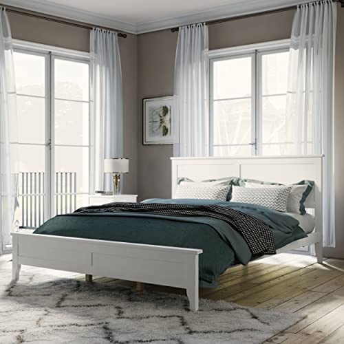 Wood Bed Frame with Headboard Wood Platform, No Box Spring Needed,White (Queen (U.S. Standard))