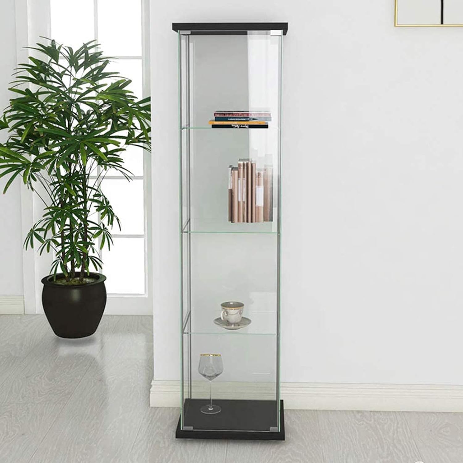 64&rdquo; H Contemporary 4-Shelf Glass Display Cabinet in Clear with Door, Curio Cabinet Collection Display Case, Floor Standing Bookshelf Corner Cabinet for Living Room Bedroom Home Office (Black)