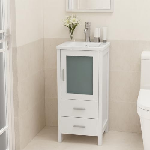16" Small Bathroom Vanity with Sink, Single Sink Bathroom Vanity Combo for Small Space, Modern Bathroom Sink Cabinet with Faucet and Drain (White)