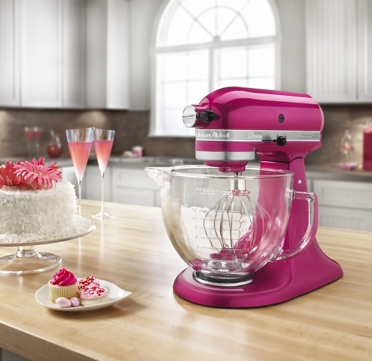 KitchenAid KSM155GBRI Artisan Design Series 5 Quart Tilt-Head Stand Mixer with Glass Bowl, Raspberry Ice