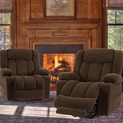 Large Power Lift Chairs Recliners for Elderly with Extended Footrest, Lift Chairs with Heat and Massage, Big and Tall Overstuffed Wide Recliner, 3 Positions (Plush Flannel, Dark Brown)