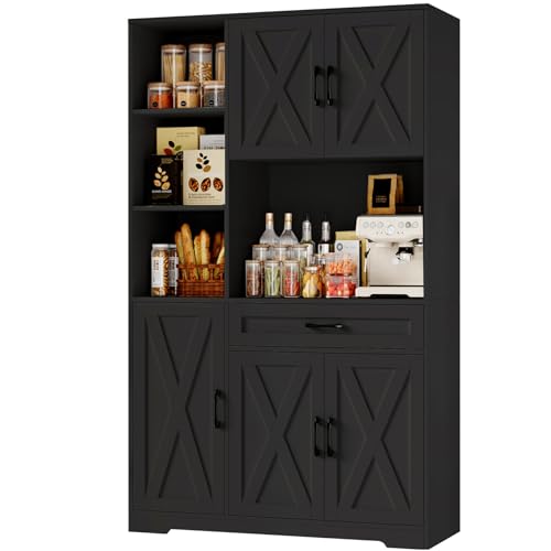 HOSTACK 71" Tall Kitchen Pantry Storage Cabinet, Farmhouse Food Pantry Cabinet with Microwave Stand, Barn Doors Kitchen Hutch with Large Drawer and Shelves for Dining Room, Ash Grey