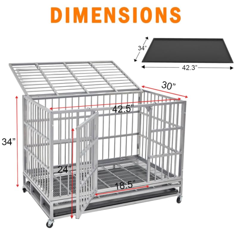54/48/42/38 inch Heavy Duty Indestructible and Escape-Proof Dog Crate Cage Kennel for Large Dogs, High Anxiety Dog Crate with Removable Wire Trays and Wheels, Extra Large XL XXL