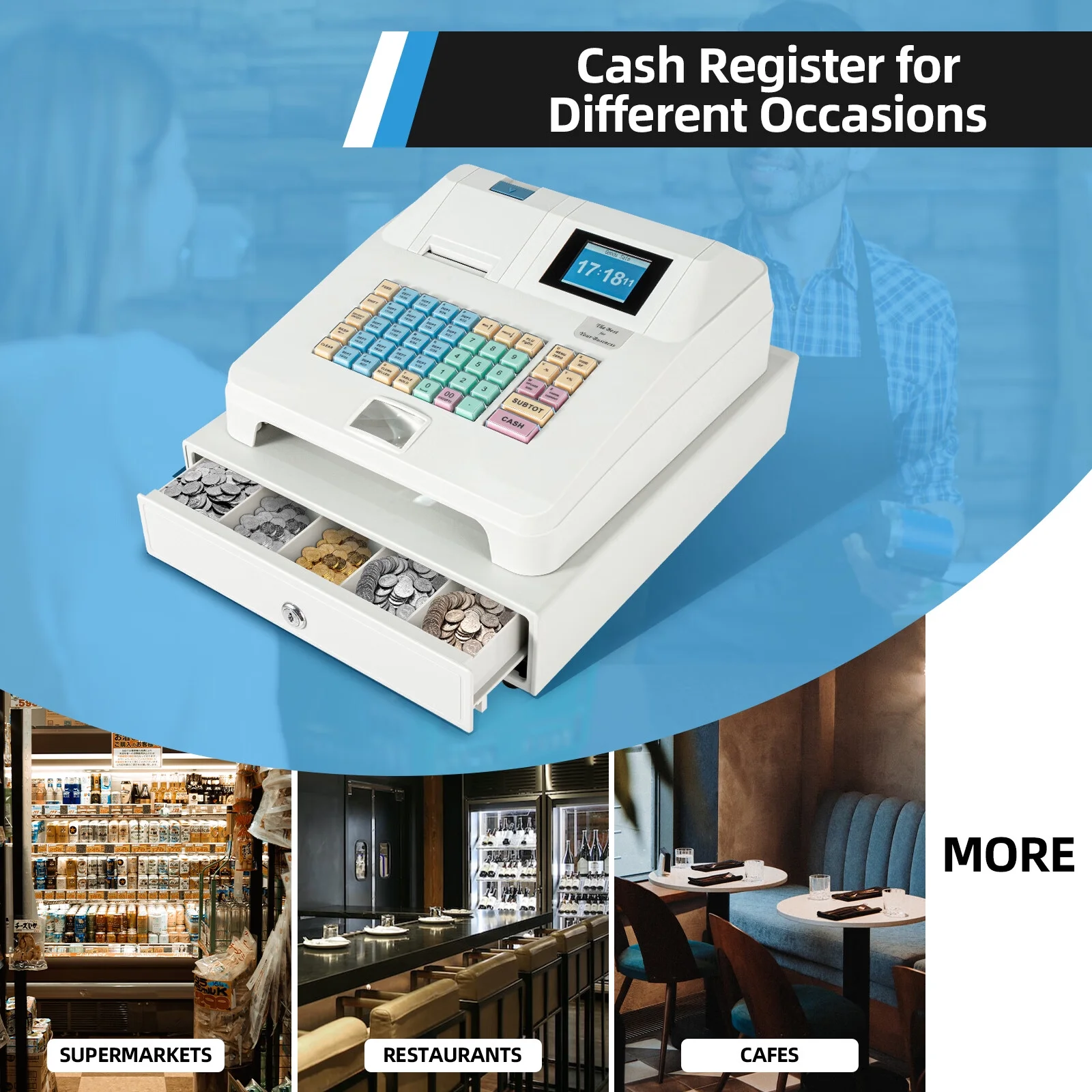 Aiqidi Electronic Cash Register POS Syetem 48 Keys 8 Digital LCD Display Casher with Flat Keyboard and Drawer Box for Retail Restaurant Shop 110V