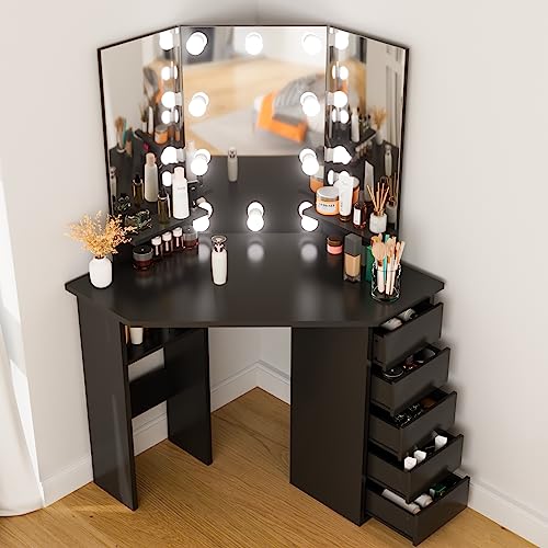 Corner Vanity Makeup Desk with Lights - Pink Makeup Table with 3 Lighted Mirror 5 Drawers, Bedroom Small Vanity Desk with 3 Lighting Options and Storage Shelf, 44" Vanity for Women Girls