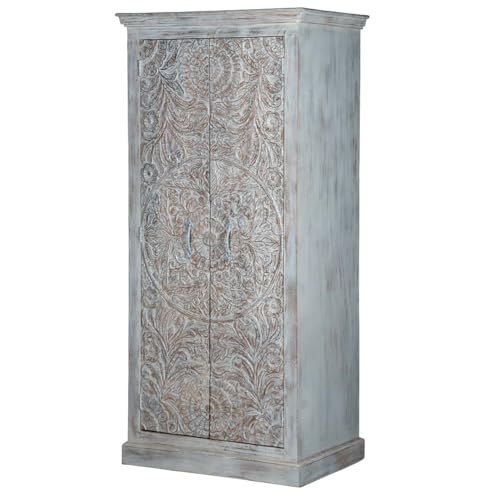 Shabby Chic White Carved Wardrobe - Solid Wood, 35.2" W x 23.4" D x 74.6" H Inches,Solid Wood Wardrobe,White Armoire