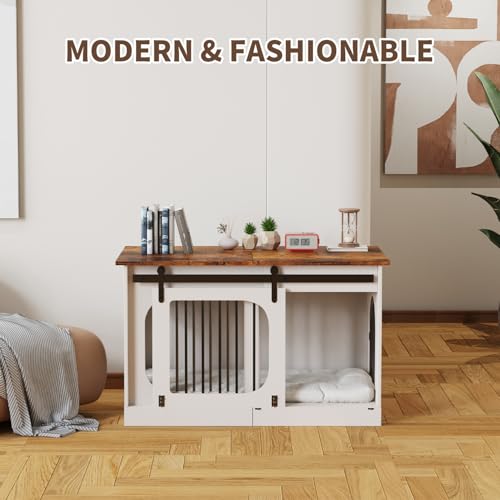XL Dog Kennel Furniture,39.4 Inch Farmhouse Crate Furniture with Cushion Decorative White Dog Kennel Indoor Thick Wooden Pet House End Table Modern Cage Furniture for Small/Medium/Large Dog