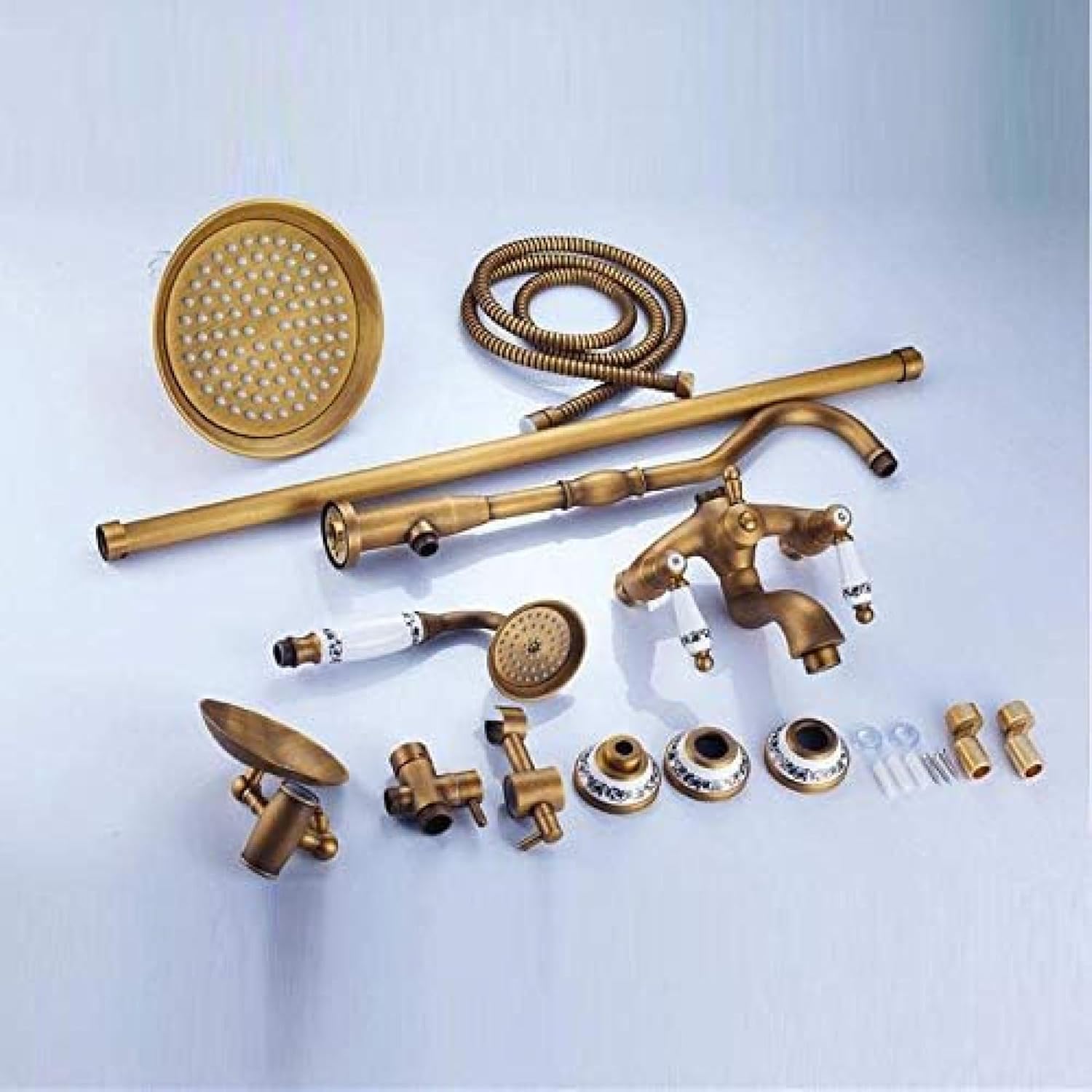 Shower System, Wall Mount Outdoor 8" Rain Shower Faucet Set Antique Brass Dual Handles Swivel Tub Spout Bath Shower Mixers + Soap Dish
