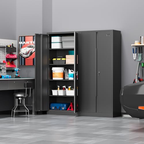 Metal Storage Cabinet with 2 Doors and 4 Adjustable Shelves,71”Lockable Cabinet,Tool Cabinet for Garage Storage, Utility Room,Home,Office,School (Black, 71 inch)