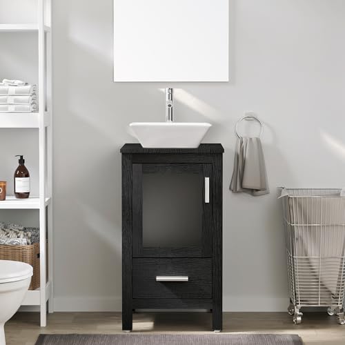 eclife 18" Small Bathroom Vanity Sink Combo Modern Freestanding Cabinet W/Matte Glass Door & Drawer White Round Ceramic Vessel Sink & Water Save Faucet & Pop Up Drain, White (A06)