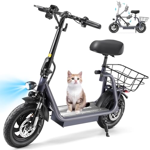 Caroma Peak 800W/1200W Electric Scooter Adults, 30 Miles Max Range, Foldable Electric Scooter with Seat, Front Suspension, Detachable Large Basket,Commuter E-Scooter for Adult and Teens