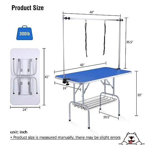 Dog/Pet Grooming Table Foldable Height Adjustable - 42-inch Portable Dog Grooming Table with Arm Noose & Mesh Tray, Maximum Capacity Up to 300lbs, Dark Blue