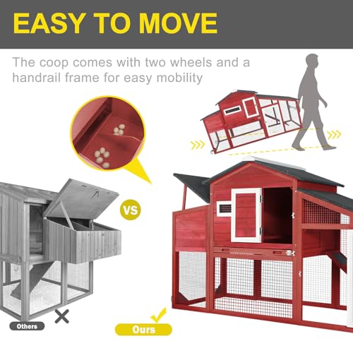 Chicken Coop Large Wooden Chicken Tractor - with Wheels Waterproof Outdoor Hen House Poultry Cage Back Yard Chicken Coops with Run, Laying Boxes and Secure Enclosure (Sloping Roof)