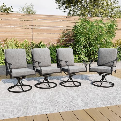PHI VILLA 7 Pieces Outdoor Dining Set for 6, Rectangular Black Steel Dining Table with Fixed and Swivel Iron Chairs, Large Dining Furniture Set with Cushions for Patio, Deck, Porch, Backyard