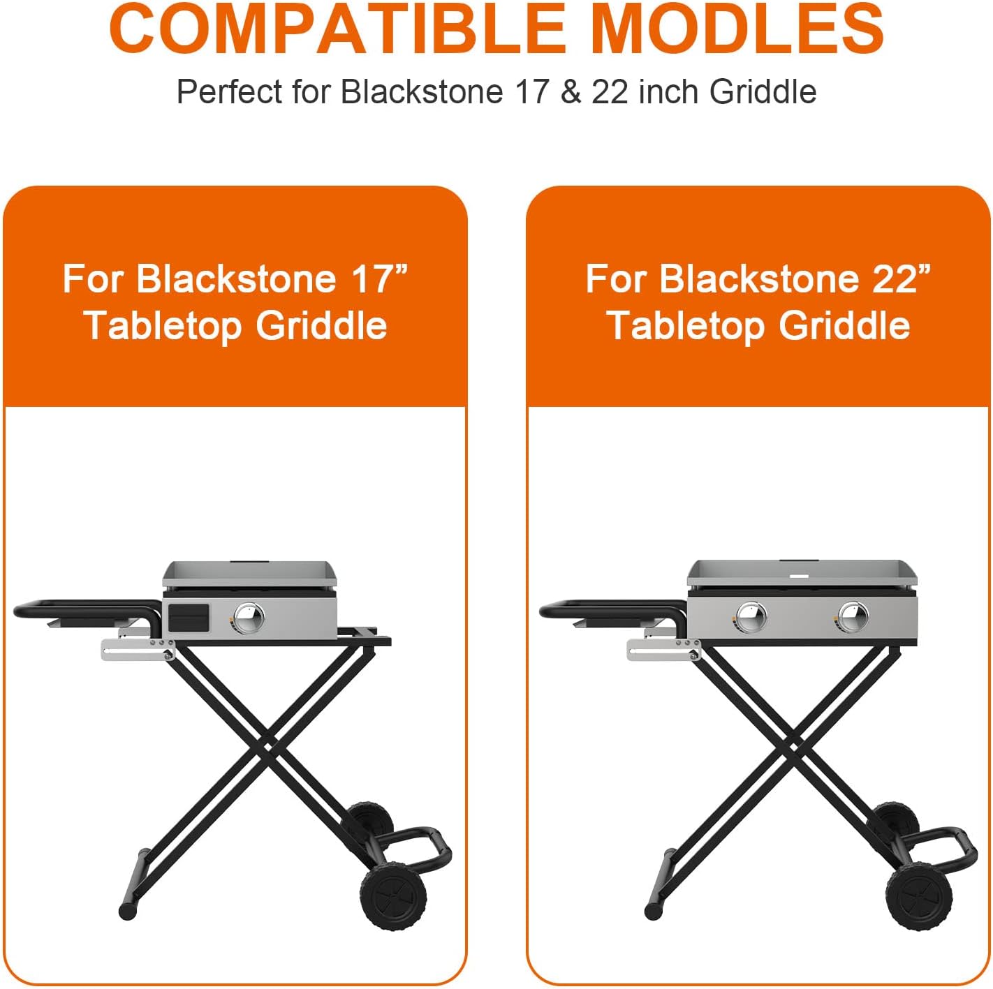 Portable Grill Cart for Blackstone 17 Inch & 22 Inch Table Top Griddles, Folding Cart Griddle Stand with Side Shelf for Blackstone 17" 22" Grills, Backyard, Camping and Outdoor Cooking