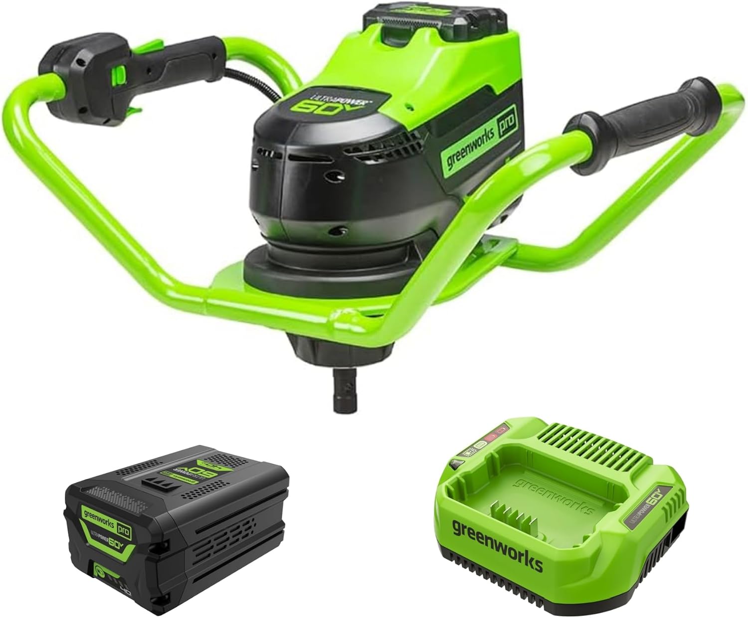 Greenworks Pro 60V Brushless Earth Auger | Post Hole Digger Great for Fences, Gardening, Planting Without Auger Bit, 4.0Ah Battery and 3A Charger Included