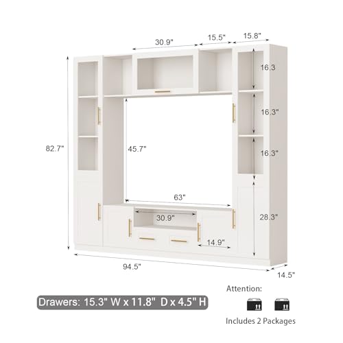 Entertainment Wall Unit for Living Room with Storage Bridge, Modern TV Stand with Glass Doors & Shelves, TV Media Console Table for TVs Up to 70", Entertainment Center with Bookshelves White