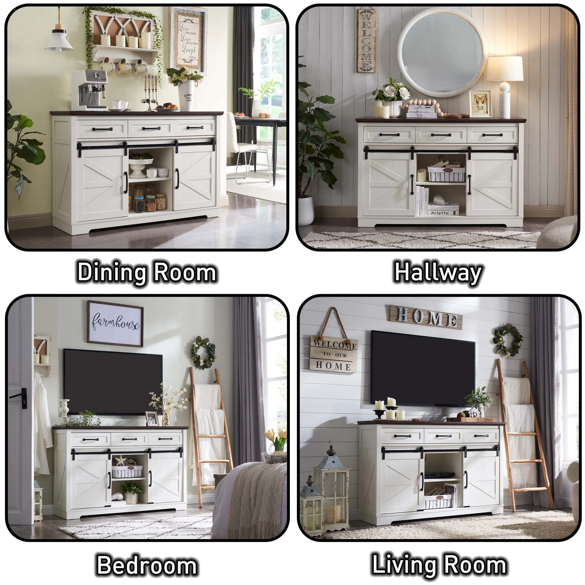 SinCiDo Farmhouse Buffet Cabinet, 53” Sideboard Cabinet w/3 Drawer, Rustic Storage Cabinet w/Sliding Barn Door, Coffee Bar for Dinning Room, Kitchen, Hallway, and Living Room, White