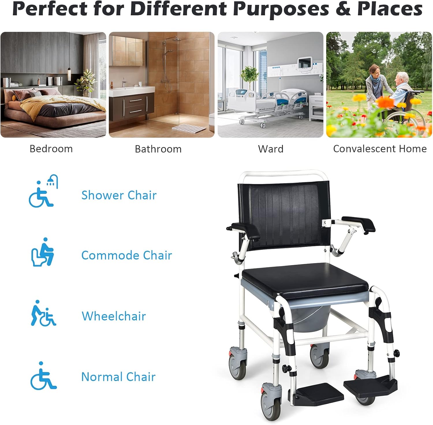 Giantex 4-in-1 Bedside Commode Shower Wheelchair, Commode chair for Toilet with Arms, 4 Lockable Wheels, Detachable Bucket, Height Adjustable & Flip-up Footrest, Padded Mobile Toilet Chair