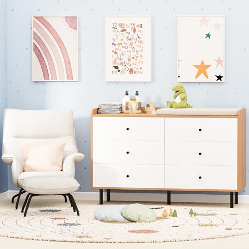 White Nursery Dresser for Bedroom with 6 Drawers, Modern Wood 6 Drawer Dresser with Black Knobs, Chest of Drawers for Nursery, Living Room, Closet, Entryway, Hallway (White+Wood)