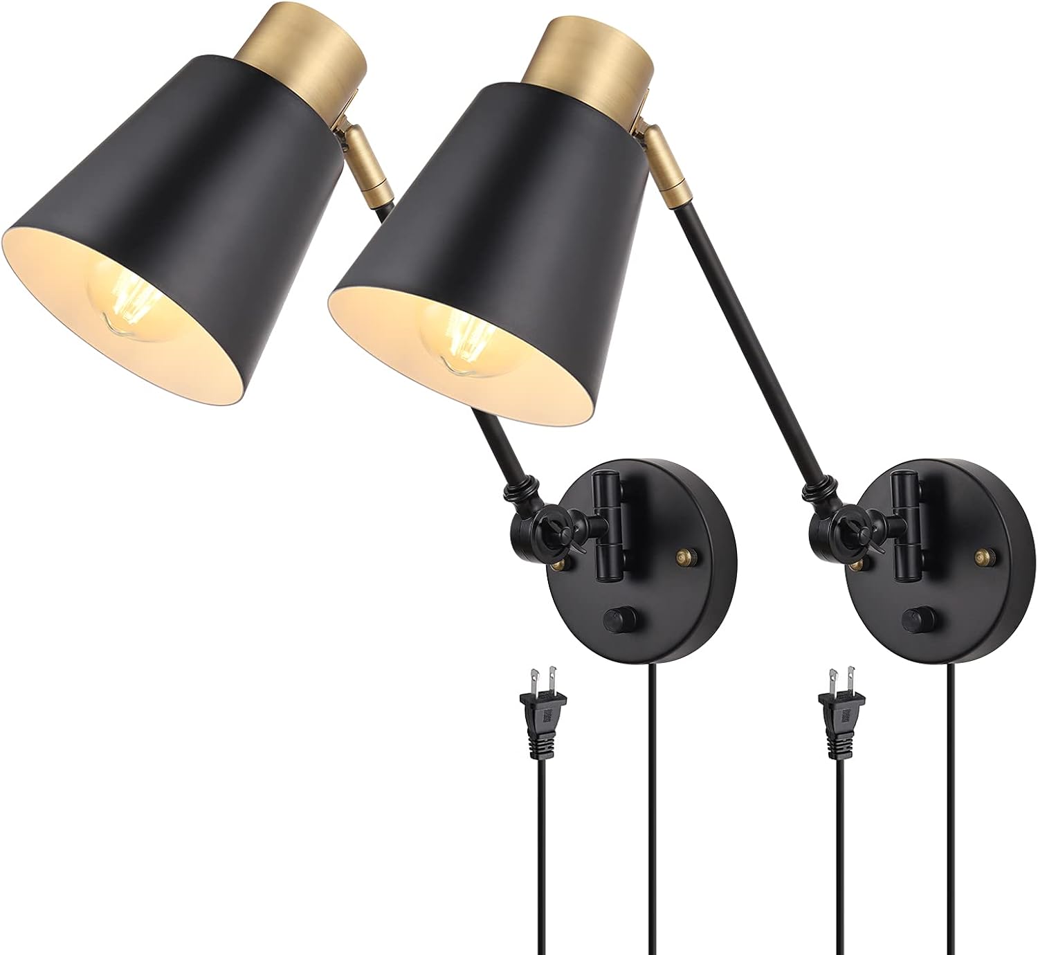 Dimmable Wall Lamp with Plug in Cord, ENCOMLI Plug in Wall Sconces, Swing Arm Sconces Wall Lighting with On Off Switch, Metal Black Brass Industrial Wall Sconce Plug in Wall Light, E26 Base
