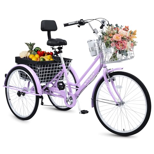 26 Inch Tricycle for Adults, 7 Speed Beach Cruiser Bike Adult Tricycles for Women Men, 3 Wheel Bikes for Adults Large Seat with Backrest, Three Wheel Bikes with Front & Rear Baskets