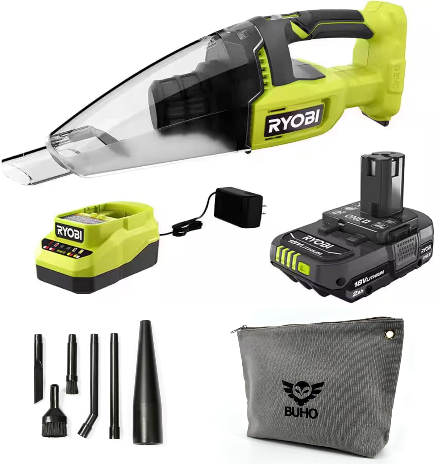 Buho Cordless Handheld Vacuum Accessory Bundle - Ryobi 18 Volt Multi-Surface Vacuum Micro-Cleaning Accessory Kit 2.0 Ah Battery 18V Charger Zipper Pouch