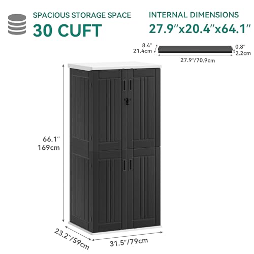 YITAHOME Outdoor Storage Cabinet with 2 Shelves, Waterproof Resin Horizontal Tool Shed, Lockable 15 cu. ft. Storage Shed for Patio, Garden, Yard, Dark Gray