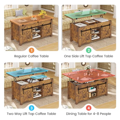 SEDETA Lift Top Coffee Table, 4 in 1 Multi-Function Convertible Coffee Tables with Storage and Hidden Compartment, Farmhouse Coffee Table Converts to Dining Table for Living Room, Grey