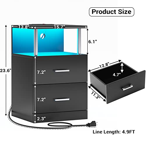 AOGLLATI Nightstand with Charging Station and LED Lights, Nightstands Set of 2, Bedside Table with Open Storage and 2 Drawers, 2 USB Ports, 2 Outlets, Modern End Side Table for Bedroom, White