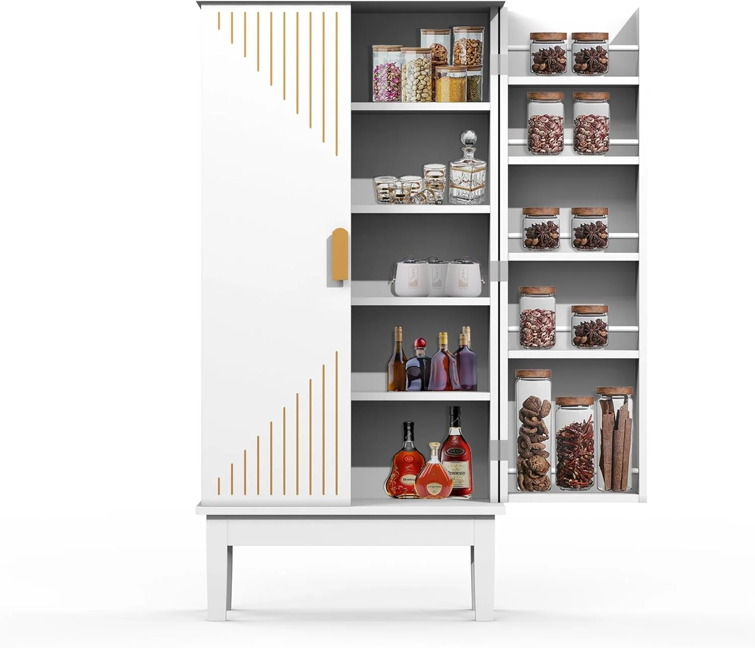 47.2” Kitchen Pantry Cabinet, White Storage Cabinet with Adjustable Shelves, Racks & Gold Handle, Freestanding Kitchen  Cupboard,  Sideboard for Living or Dining Room