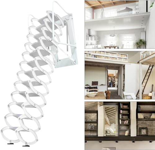 Attic Ladder Telescopic Ladder, 12 Steps Wall Mounted Folding Stairs Pull Down Loft Ladder Heavy Duty Al-Mg Alloy Attic Access Ladder 9.5-10FT Height with Armrests, 882LB Load Capacity