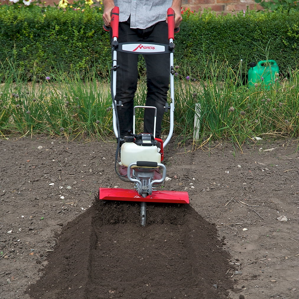 Heavy Duty Mantis Tiller and Cultivator, 4-cycle gas powered 35cc Honda Engine, Easy start, variable speed, Garden tiller, 16" width and 10" tilling depth, kickstand, model 7566a