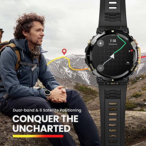 Amazfit T-Rex 2 Rugged Smart Watch, Military Certified, GPS, 24-Day Battery Life, Heart Rate, VO2, SPO2 Monitoring, Pacer, Altitude, 10 ATM Water-Resistant, Sleep Monitoring (Black)