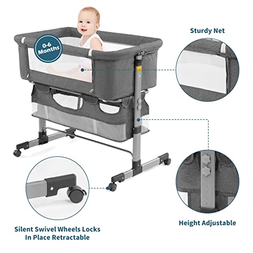 Bedside Sleeper Bedside Crib, Baby Bassinet 3 in 1 Travel Baby Crib Baby Bed with Breathable Net,Adjustable Portable Bed for Infant/Baby(Deep Grey)