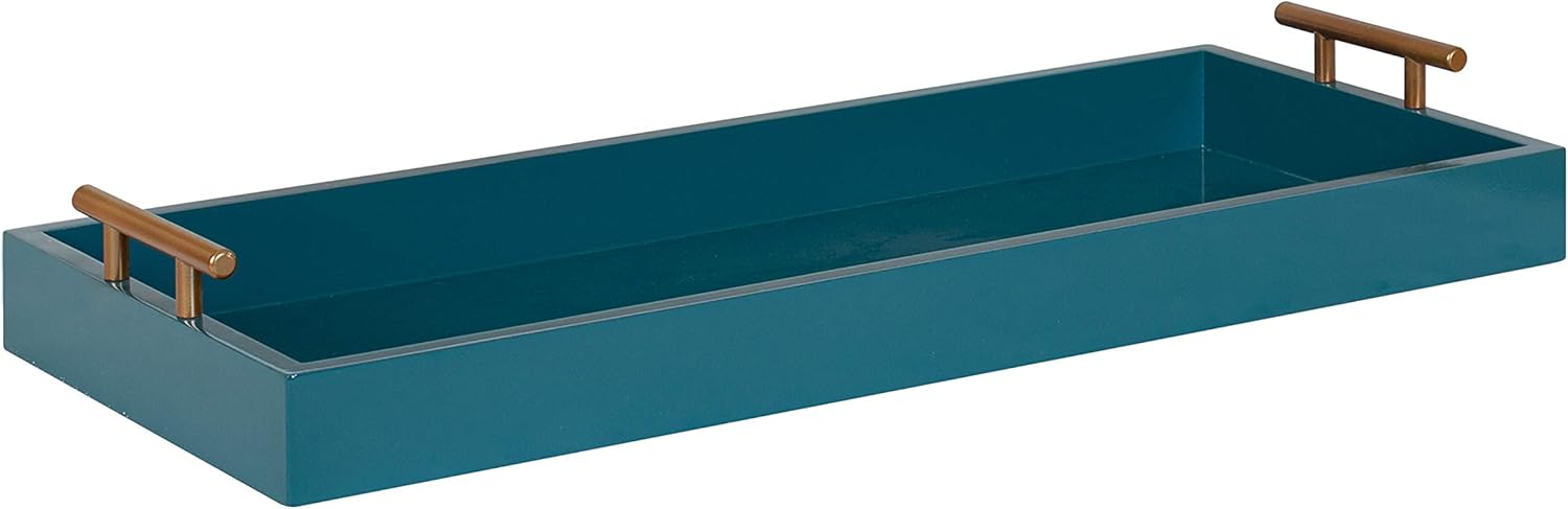 Kate and Laurel Lipton Narrow Decorative Tray with Polished Metal Handles, 10" x 24", Navy Blue and Gold, Chic Accent Tray for Display and Storage Pack of 2