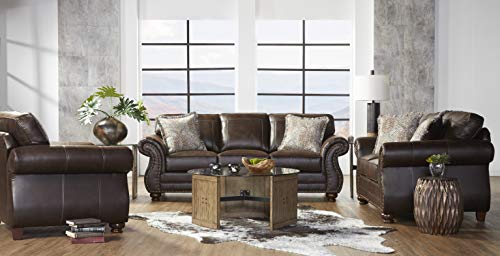 Traditional Western Sofa & Loveseat Set with Nailtrim Head and Faux Leather, Fully Assembled Living Room Furniture Sets MADE in USA (Brownie)