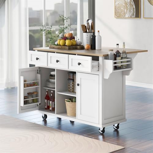 Kitchen Island with Storage, Rolling Kitchen Cart on Wheels with 3 Drawers and Internal Storage Racks, Rolling Mobile Portable Kitchen Cart with Drop-Leaf Countertop and Spice Rack (Black)