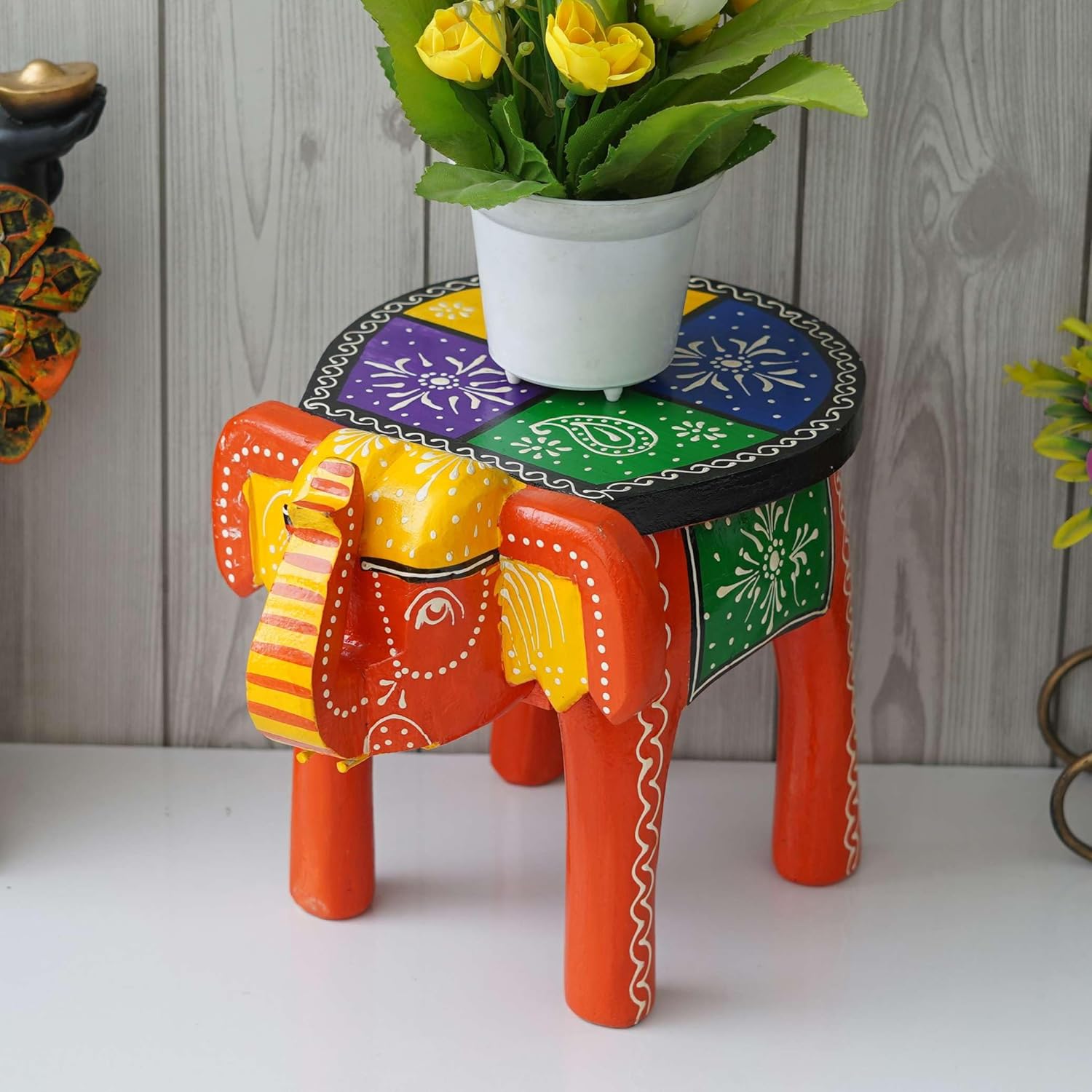 Aashvi Craft Handcrafted and Emboss Painted Colorful Wooden Elephant Shape Stool Table Clourfull -05, Medium