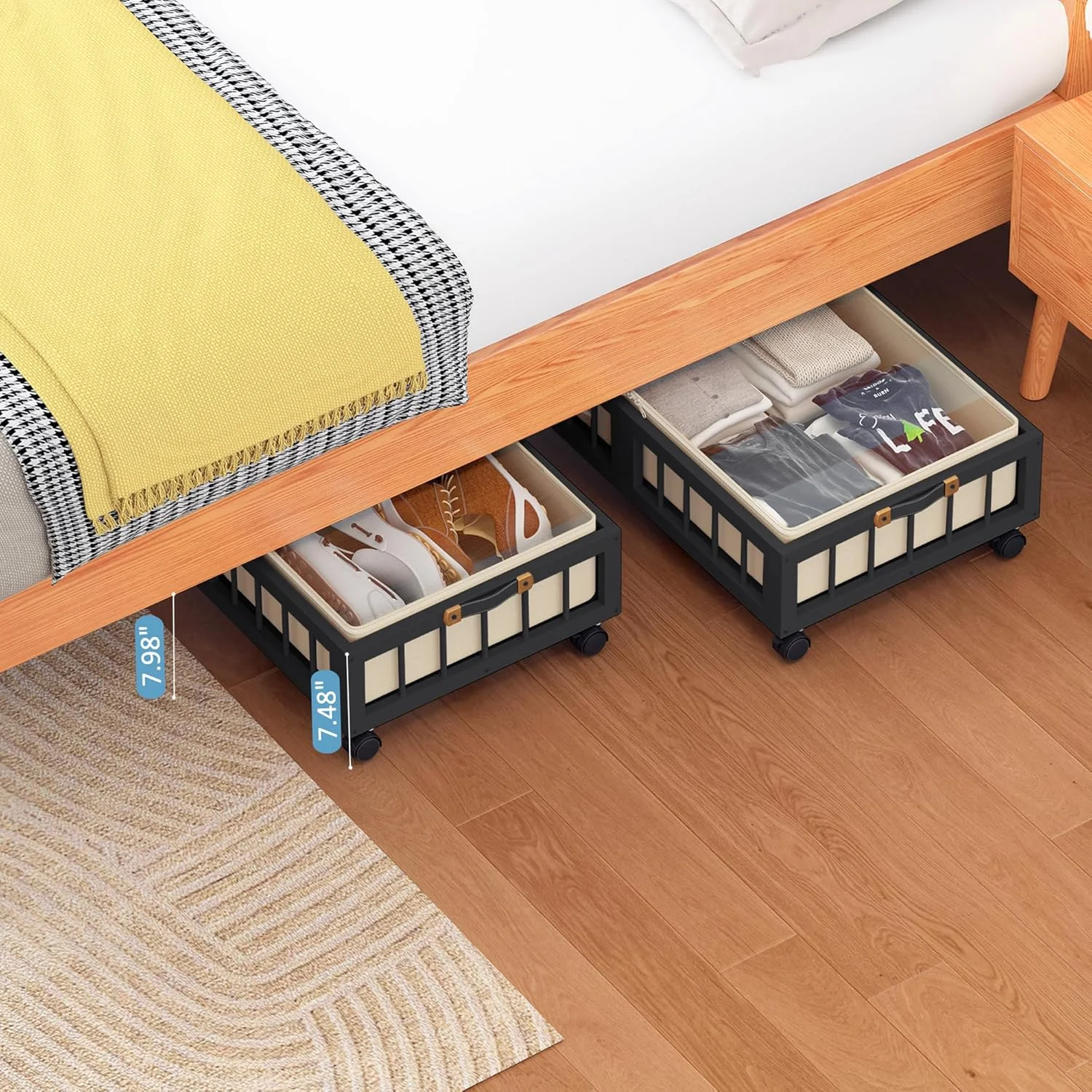 2-Pack Bamboo Under Bed Storage Containers with Wheels, Under Bed Clothes Storage Basket with Large Dust Bag, Rolling UnderBed Storage for Bedroom, Dorm and Basement, Black