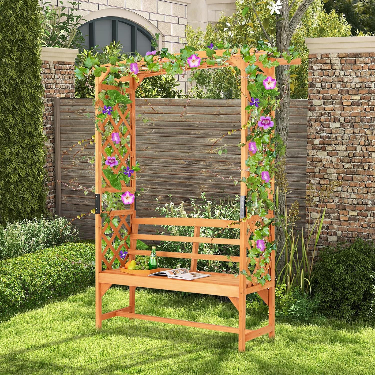 Happygrill Patio Garden Arbor with Bench, Garden Arch Trellis w/Pergola & Side Trellises for Climbing Plants Vines Grapes, 2-Seat Wooden Outdoor Bench, Garden Archway for Wedding Party Backyard