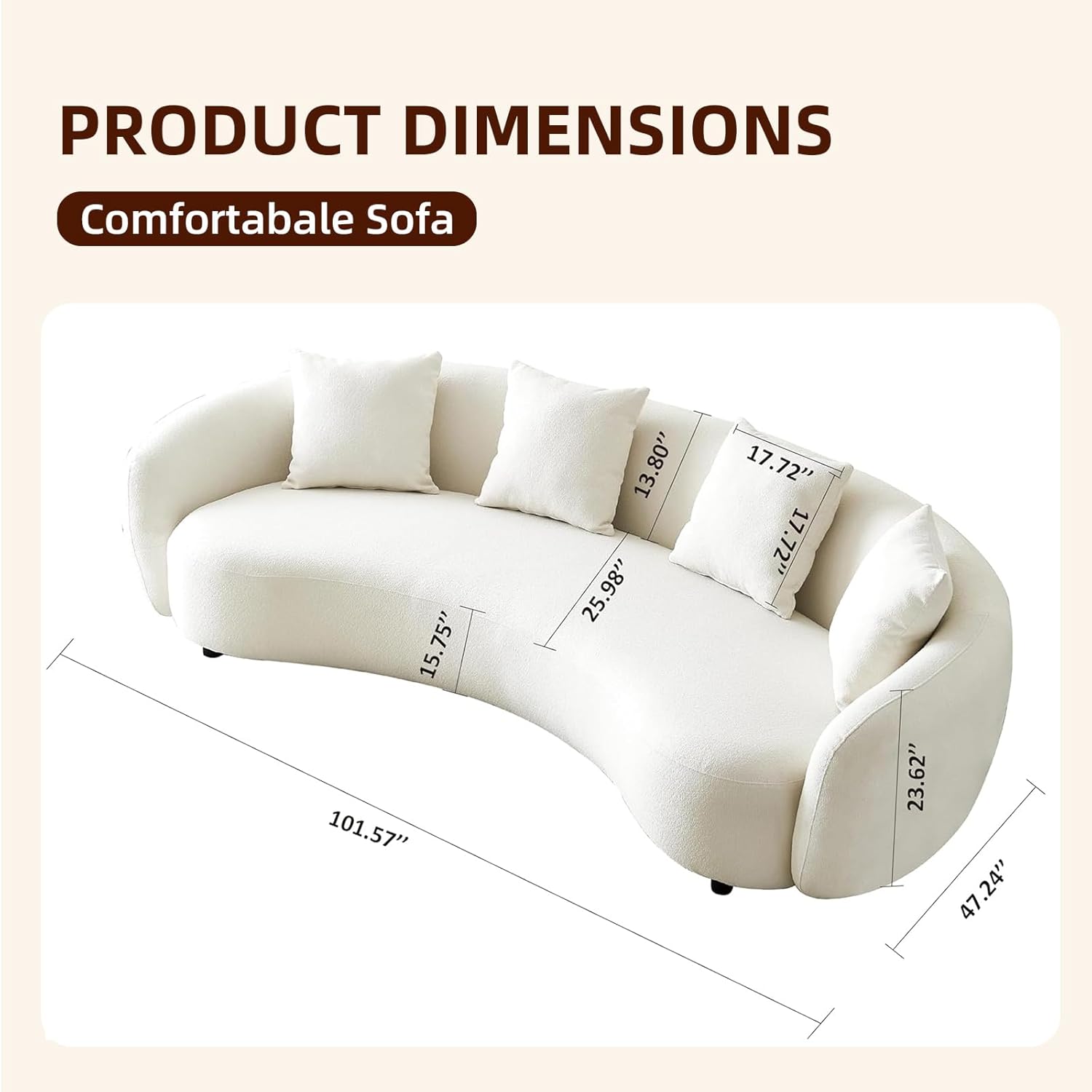 Teddy Fabric Curved, 101" Mid Century Modern Half Moon Sectional Cloud Luxury 4-Seat Sofa Couch with 4 Throw Pillows for Living Room Apartment, Bedroom, Office, withe