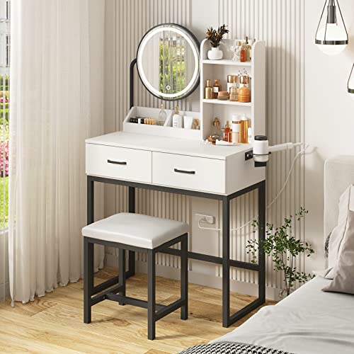 Makeup Vanity Desk with Round Mirror and Lights, White Vanity Makeup Table with Hair Dryer Rack, Small Vanity Table for Bedroom with Lots Storage (Brown and Black, 15.75 * 31.5 * 53.6in)
