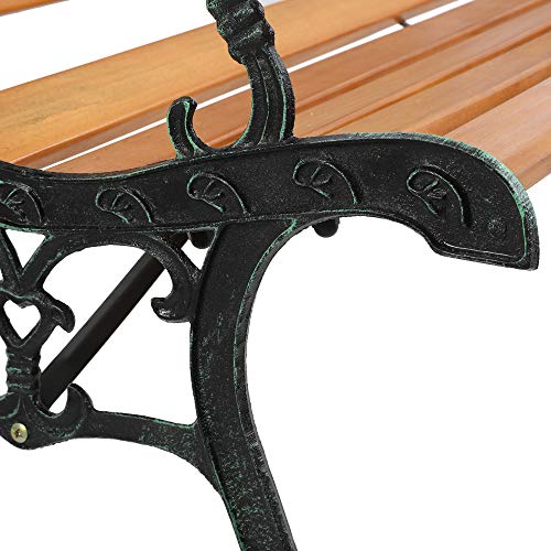 Outdoor Garden Bench, Antique Patio Bench with Cast Iron and Hardwood Frame, Weather Proof Porch Outdoor Loveseat with Rose Style Back for Backyard, Deck, Lawn