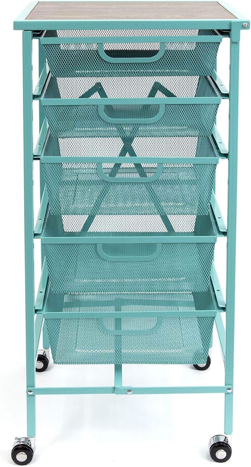 Origami Wheeled Folding Steel 5 Drawer Storage Kitchen Cart Wood Top, Turquoise