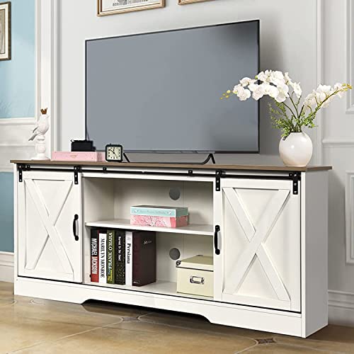 4 EVER WINNER Farmhouse TV Stand with Sliding Barn Doors, Espresso Entertainment Center for 65 Inch TV with Storage Cabinet, Classic Media Console for TV Up to 65 Inch TV Furniture for Living Room
