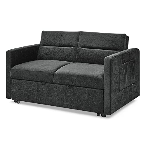Couch with Adjustable Back and Two Arm Pocket Chenille Fabric Convertible Sofa, Sleeper Bed for Living Room Apartment Lounge, Grey