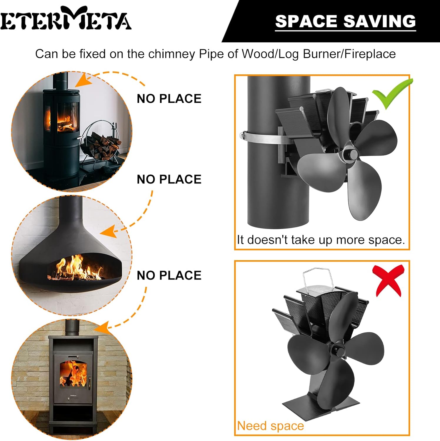 Etermeta Stove Fan, 4 Blade Pipe Hanging Fan, Heat Activated Fan for Wood Stove, with Stove Thermometer for Wood/Log Burner/Fireplace, Eco Friendly Efficiently Fireplace Fan Pack of 2