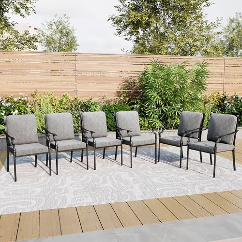 PHI VILLA 7 Pieces Outdoor Dining Set for 6, Rectangular Black Steel Dining Table with Fixed and Swivel Iron Chairs, Large Dining Furniture Set with Cushions for Patio, Deck, Porch, Backyard
